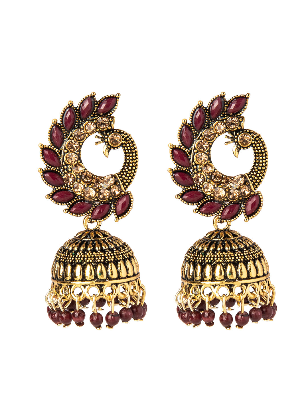 Shining Jewel Gold Plated Antique Traditional Peacock Jhumka With CZ, LCT Crystals,Kundan & Pearls Earrings for Women (SJ_1891_M)