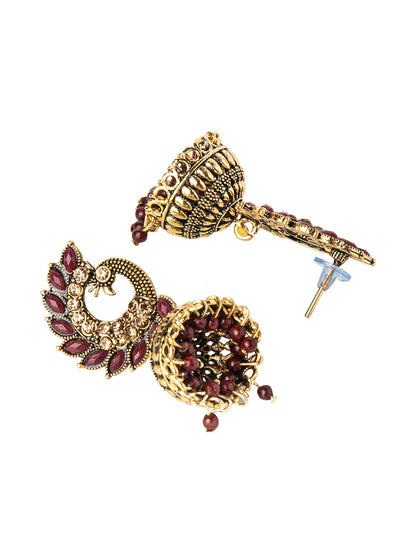 Shining Jewel Gold Plated Antique Traditional Peacock Jhumka With CZ, LCT Crystals,Kundan & Pearls Earrings for Women (SJ_1891_M)