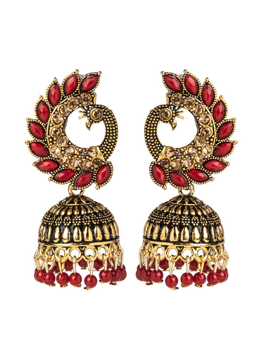 Shining Jewel Gold Plated Antique Traditional Peacock Jhumka With CZ, LCT Crystals,Kundan & Pearls Earrings for Women (SJ_1891_R)