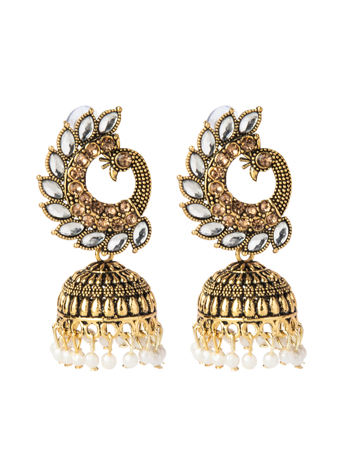 Shining Jewel Gold Plated Antique Traditional Peacock Jhumka With CZ, LCT Crystals,Kundan & Pearls Earrings for Women (SJ_1891_W)