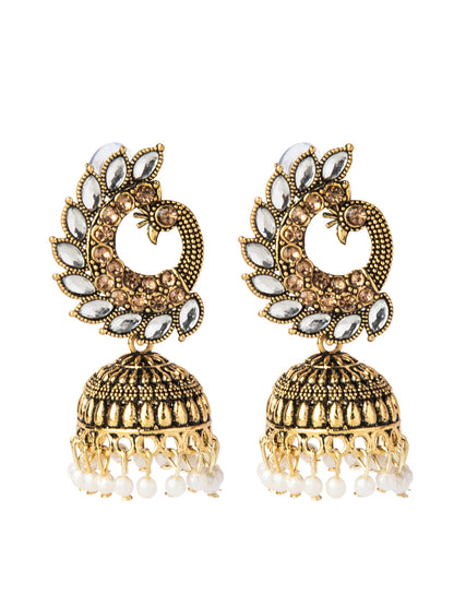 Shining Jewel Gold Plated Antique Traditional Peacock Jhumka With CZ, LCT Crystals,Kundan & Pearls Earrings for Women (SJ_1891_W)