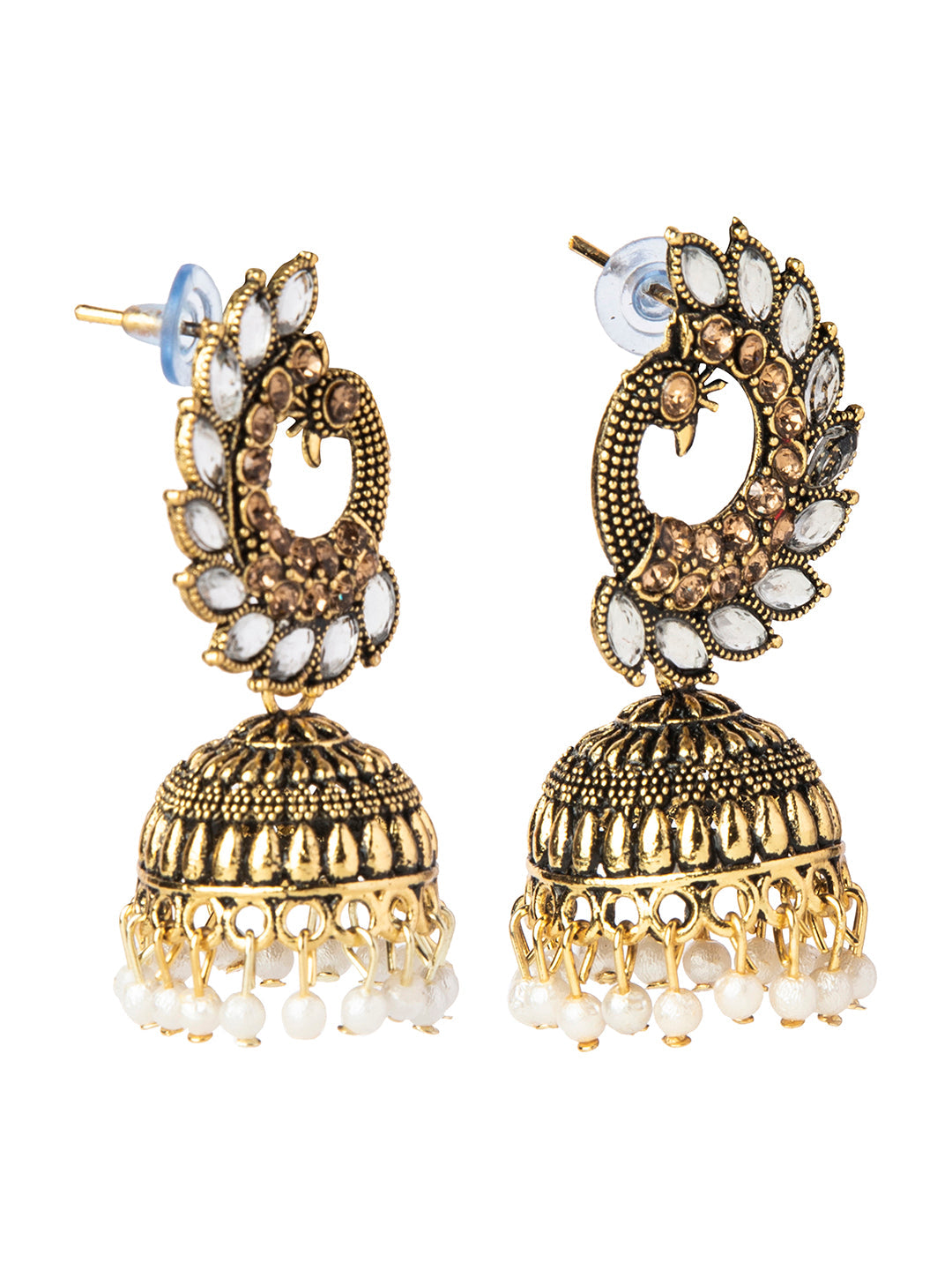 Shining Jewel Gold Plated Antique Traditional Peacock Jhumka With CZ, LCT Crystals,Kundan & Pearls Earrings for Women (SJ_1891_W)