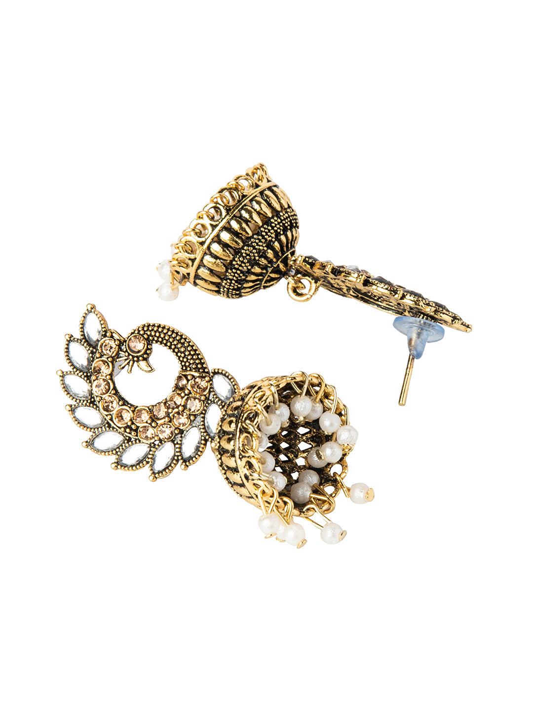 Shining Jewel Gold Plated Antique Traditional Peacock Jhumka With CZ, LCT Crystals,Kundan & Pearls Earrings for Women (SJ_1891_W)