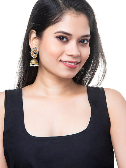 Shining Jewel Gold Plated Antique Traditional Peacock Jhumka With CZ, LCT Crystals,Kundan & Pearls Earrings for Women (SJ_1891_W)