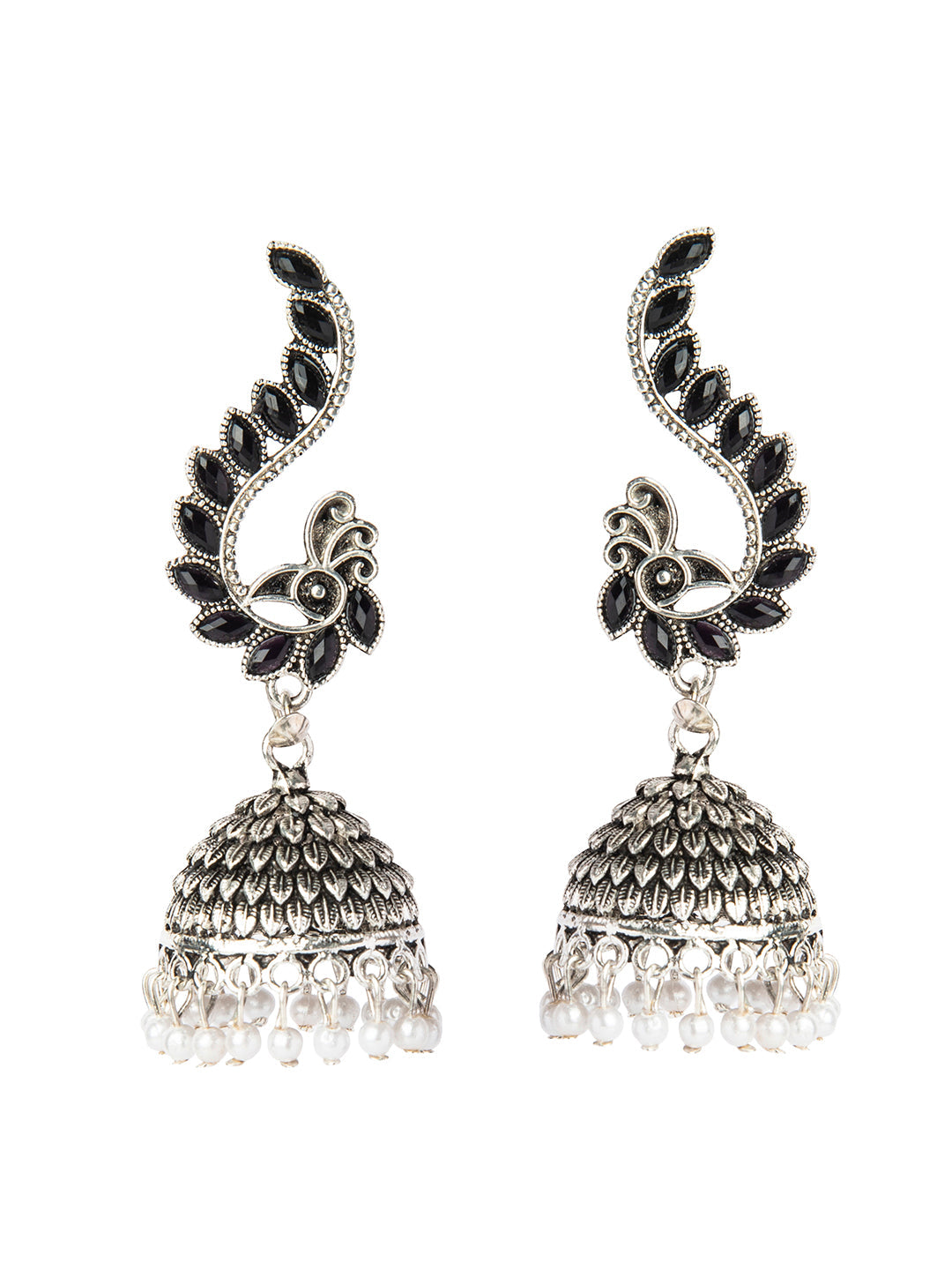 Shining Jewel Silver Plated Antique Oxidised Traditional Peacock Jhumka With Pearls Earrings for Women (SJ_1892_BK)
