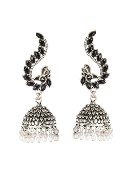 Shining Jewel Silver Plated Antique Oxidised Traditional Peacock Jhumka With Pearls Earrings for Women (SJ_1892_BK)