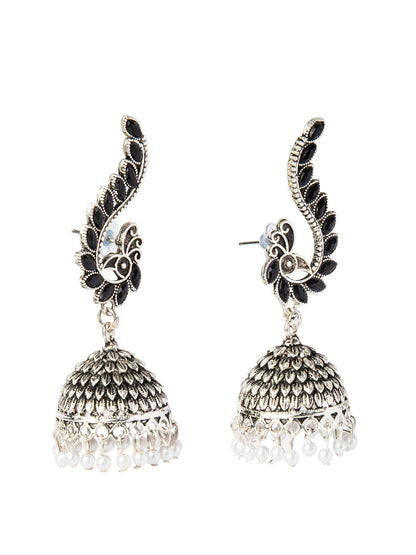 Shining Jewel Silver Plated Antique Oxidised Traditional Peacock Jhumka With Pearls Earrings for Women (SJ_1892_BK)