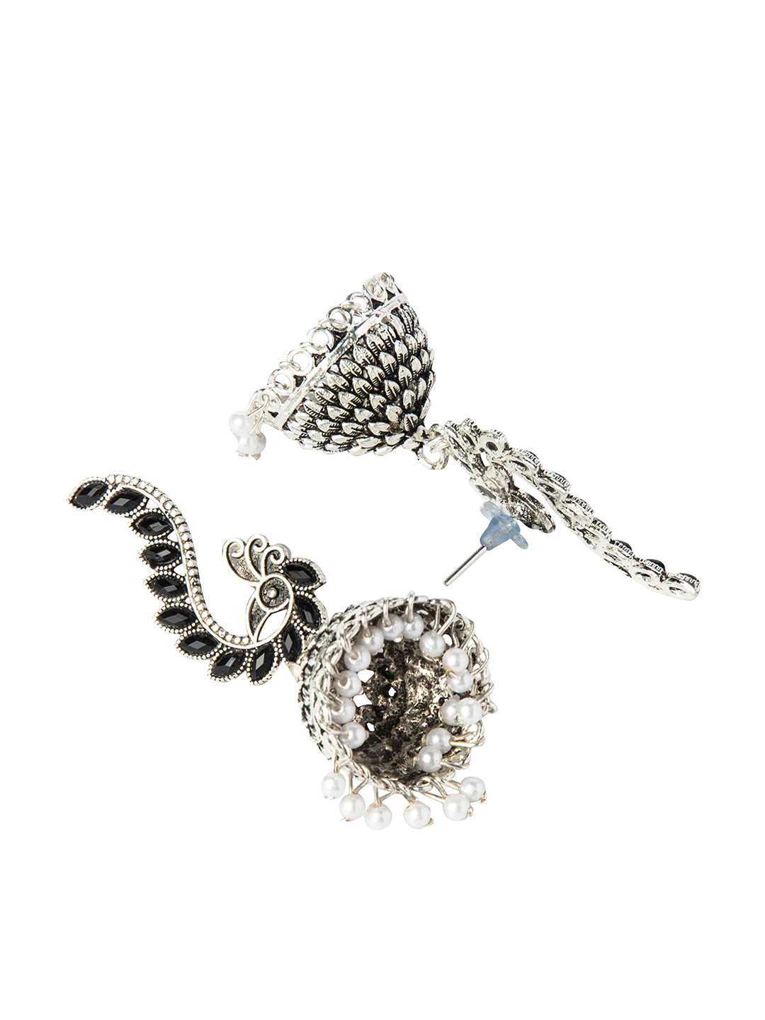 Shining Jewel Silver Plated Antique Oxidised Traditional Peacock Jhumka With Pearls Earrings for Women (SJ_1892_BK)