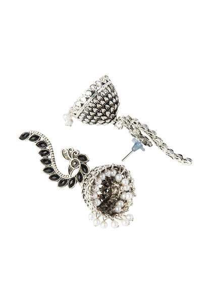 Shining Jewel Silver Plated Antique Oxidised Traditional Peacock Jhumka With Pearls Earrings for Women (SJ_1892_BK)