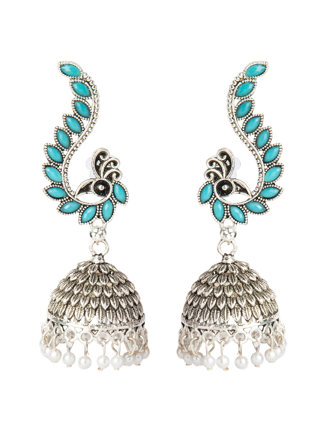 Shining Jewel Silver Plated Antique Oxidised Traditional Peacock Jhumka With Pearls Earrings for Women (SJ_1892_B)