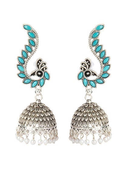Shining Jewel Silver Plated Antique Oxidised Traditional Peacock Jhumka With Pearls Earrings for Women (SJ_1892_B)