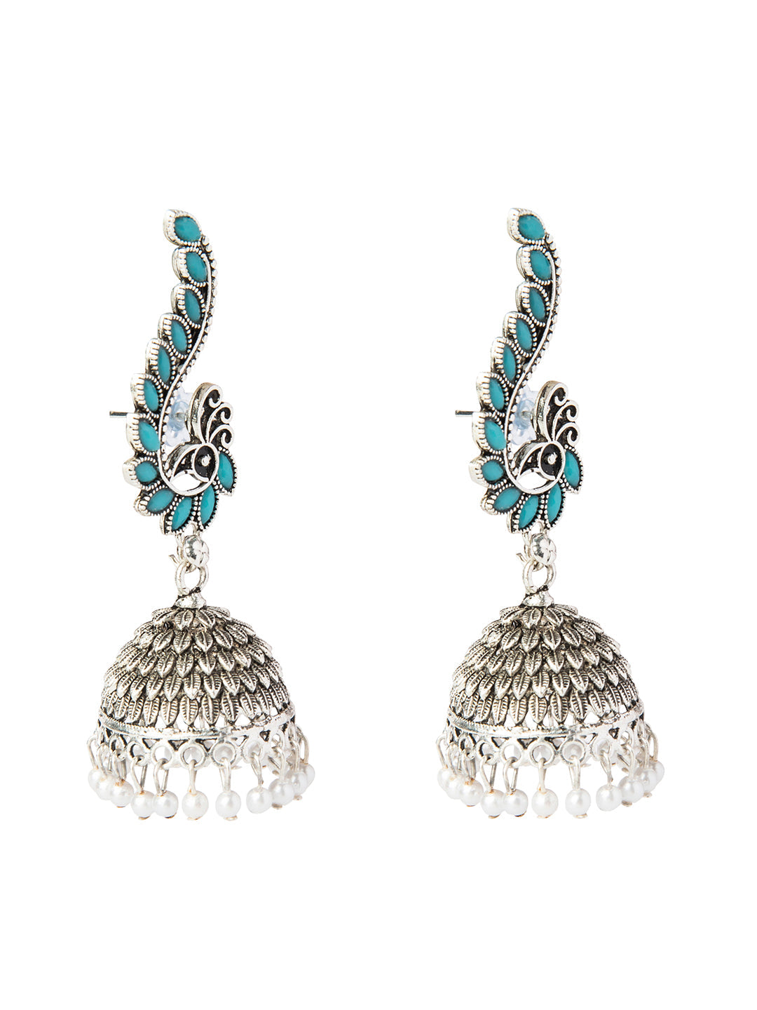 Shining Jewel Silver Plated Antique Oxidised Traditional Peacock Jhumka With Pearls Earrings for Women (SJ_1892_B)