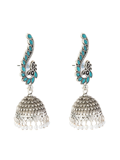 Shining Jewel Silver Plated Antique Oxidised Traditional Peacock Jhumka With Pearls Earrings for Women (SJ_1892_B)