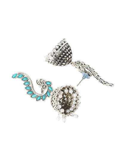Shining Jewel Silver Plated Antique Oxidised Traditional Peacock Jhumka With Pearls Earrings for Women (SJ_1892_B)