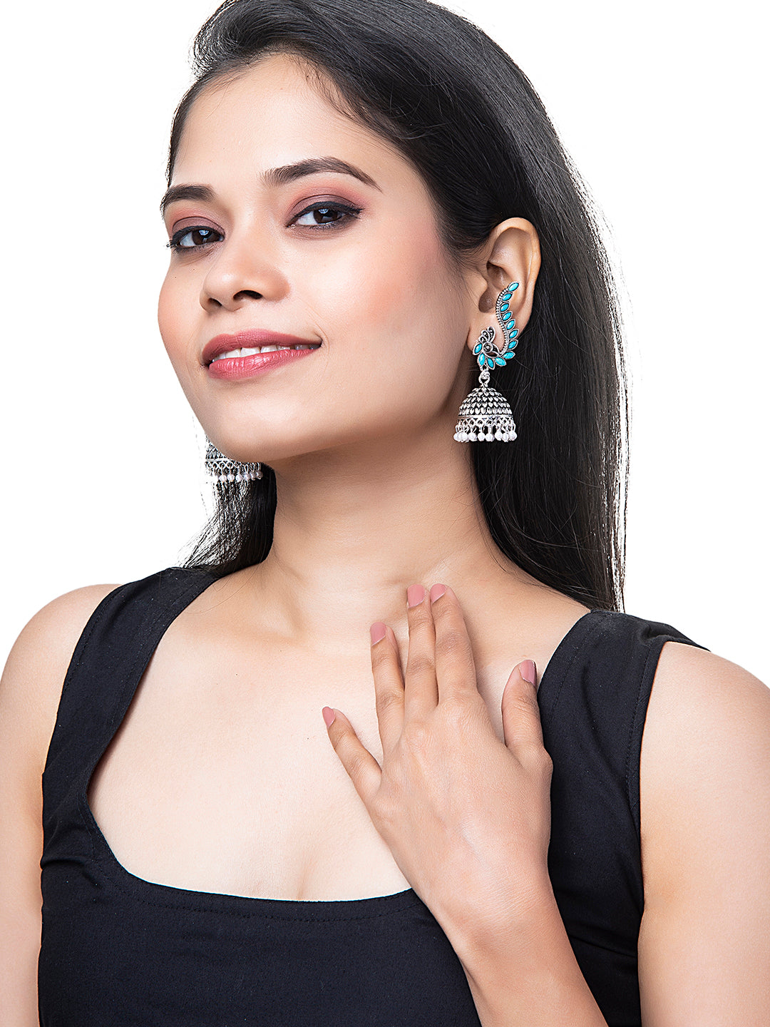 Shining Jewel Silver Plated Antique Oxidised Traditional Peacock Jhumka With Pearls Earrings for Women (SJ_1892_B)