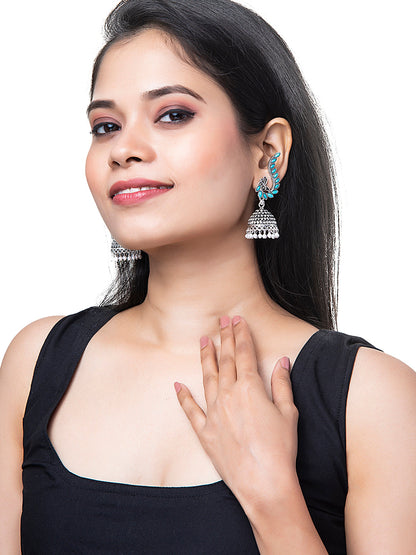 Shining Jewel Silver Plated Antique Oxidised Traditional Peacock Jhumka With Pearls Earrings for Women (SJ_1892_B)