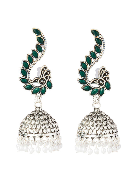 Shining Jewel Silver Plated Antique Oxidised Traditional Peacock Jhumka With Pearls Earrings for Women (SJ_1892_G)