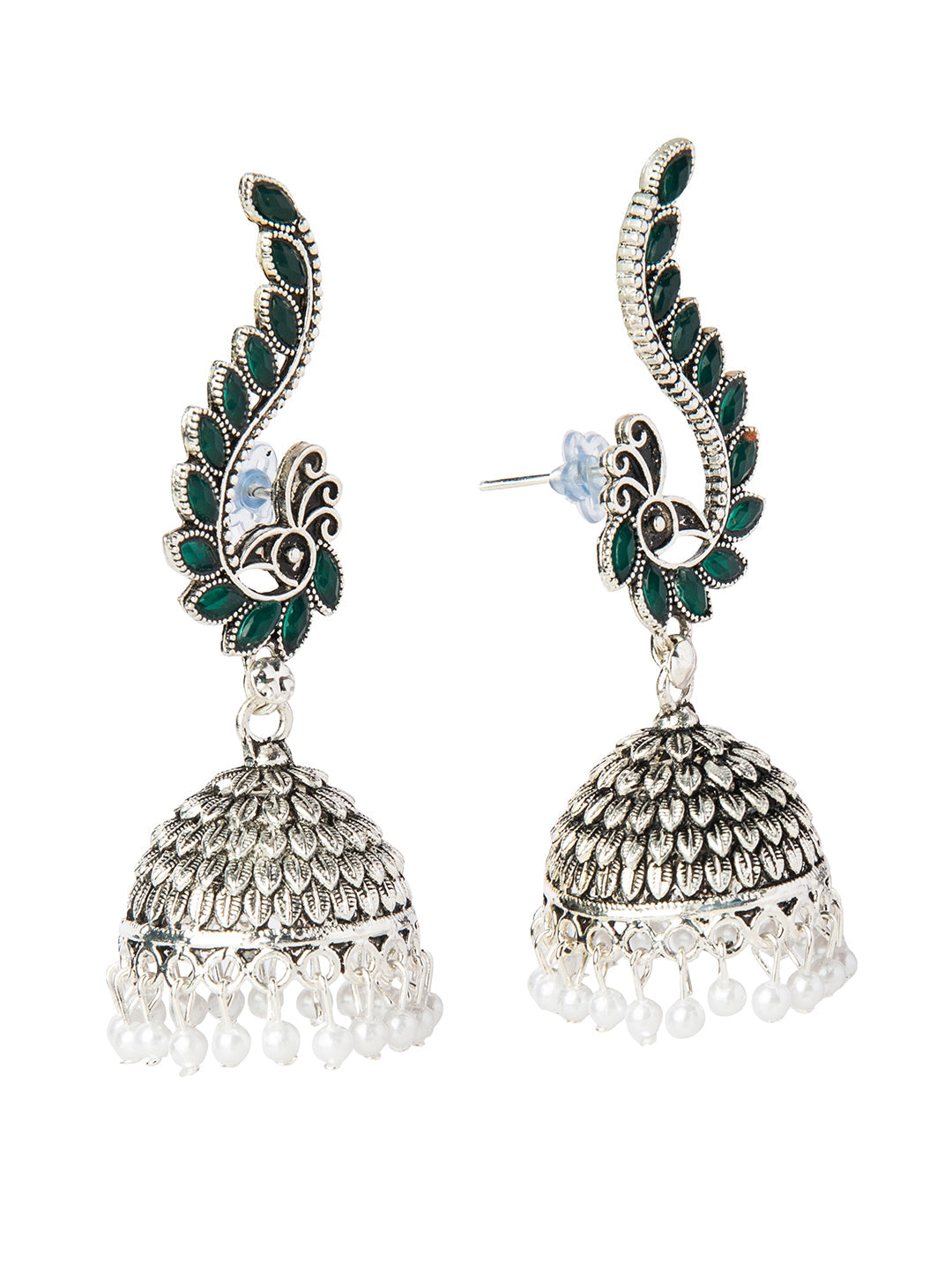 Shining Jewel Silver Plated Antique Oxidised Traditional Peacock Jhumka With Pearls Earrings for Women (SJ_1892_G)