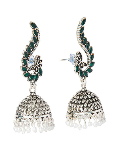Shining Jewel Silver Plated Antique Oxidised Traditional Peacock Jhumka With Pearls Earrings for Women (SJ_1892_G)
