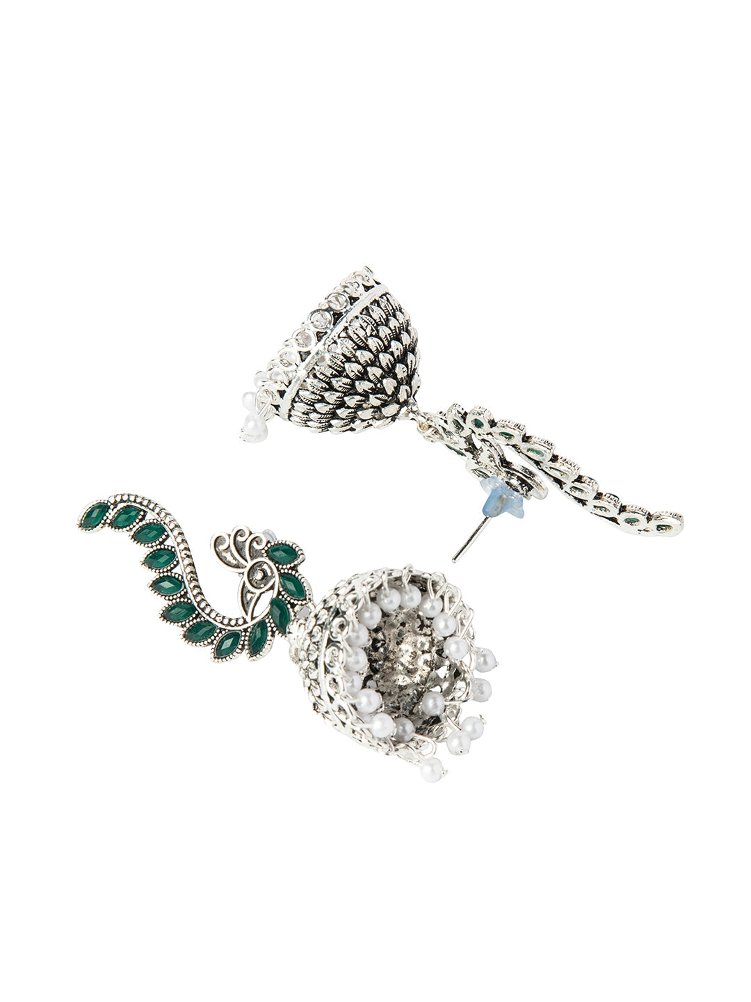 Shining Jewel Silver Plated Antique Oxidised Traditional Peacock Jhumka With Pearls Earrings for Women (SJ_1892_G)