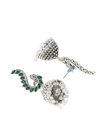 Shining Jewel Silver Plated Antique Oxidised Traditional Peacock Jhumka With Pearls Earrings for Women (SJ_1892_G)