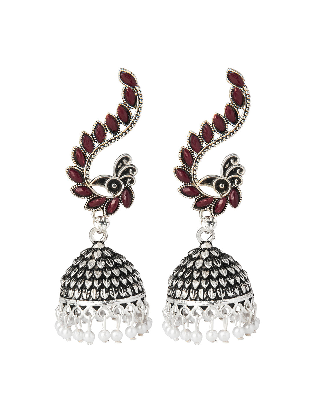 Shining Jewel Silver Plated Antique Oxidised Traditional Peacock Jhumka With Pearls Earrings for Women (SJ_1892_M)