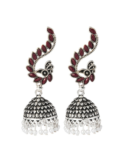 Shining Jewel Silver Plated Antique Oxidised Traditional Peacock Jhumka With Pearls Earrings for Women (SJ_1892_M)