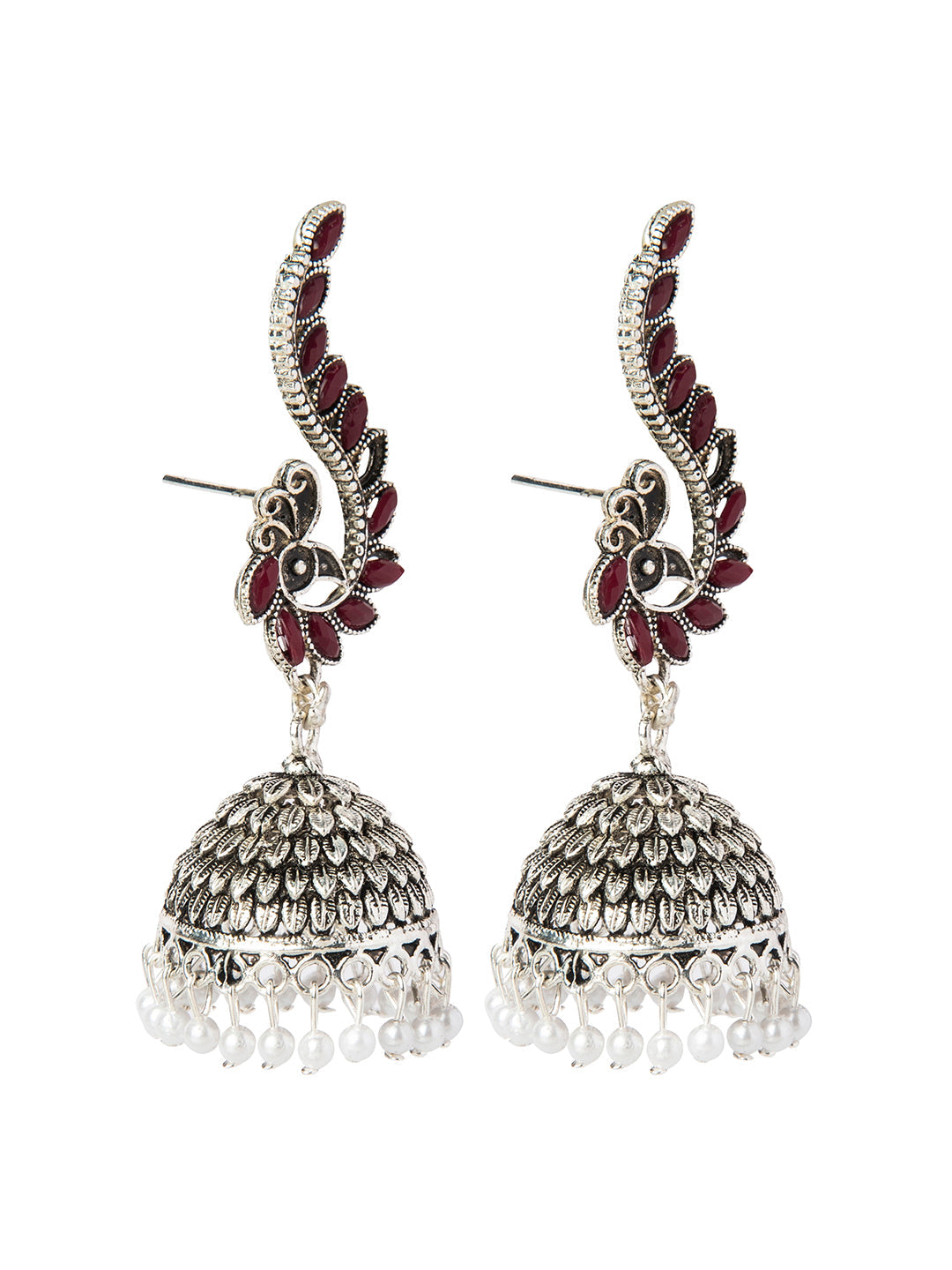 Shining Jewel Silver Plated Antique Oxidised Traditional Peacock Jhumka With Pearls Earrings for Women (SJ_1892_M)