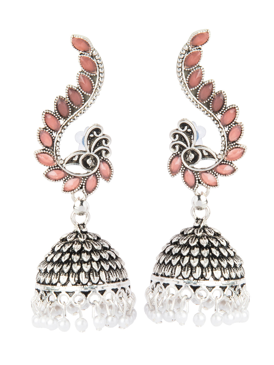 Shining Jewel Silver Plated Antique Oxidised Traditional Peacock Jhumka With Pearls Earrings for Women (SJ_1892_P)