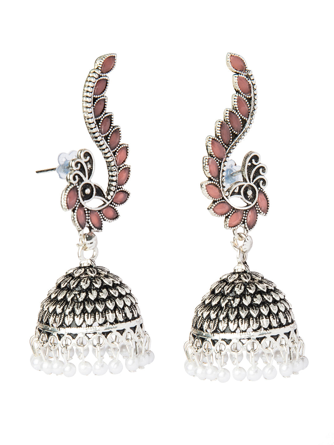Shining Jewel Silver Plated Antique Oxidised Traditional Peacock Jhumka With Pearls Earrings for Women (SJ_1892_P)