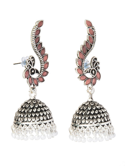 Shining Jewel Silver Plated Antique Oxidised Traditional Peacock Jhumka With Pearls Earrings for Women (SJ_1892_P)