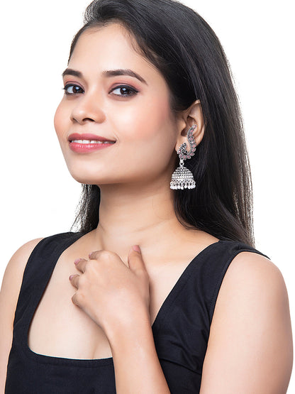 Shining Jewel Silver Plated Antique Oxidised Traditional Peacock Jhumka With Pearls Earrings for Women (SJ_1892_P)