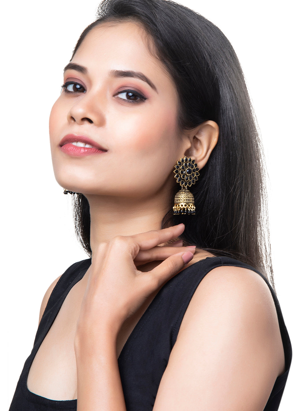 Shining Jewel Gold Plated Antique Traditional Ethnic Jhumka With CZ & Pearls Earrings for Women (SJ_1893_BK)