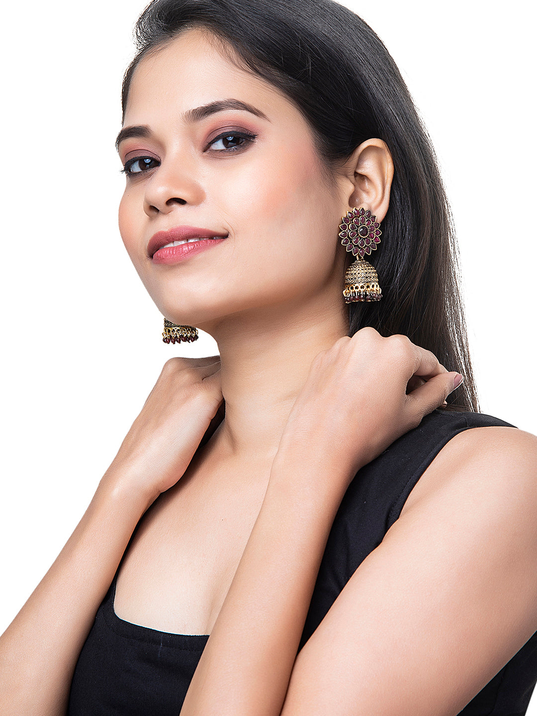 Shining Jewel Gold Plated Antique Traditional Ethnic Jhumka With CZ & Pearls Earrings for Women (SJ_1893_M)