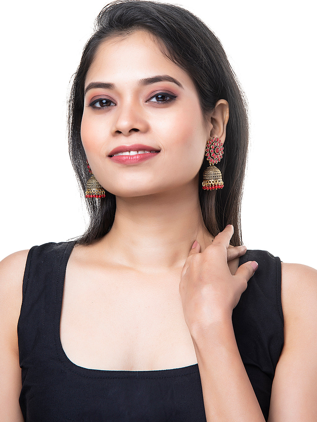 Shining Jewel Gold Plated Antique Traditional Ethnic Jhumka With CZ & Pearls Earrings for Women (SJ_1893_R)
