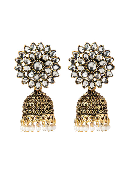 Shining Jewel Gold Plated Antique Traditional Ethnic Jhumka With CZ & Pearls Earrings for Women (SJ_1893_W)