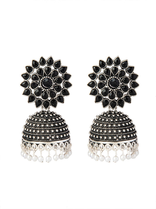 Shining Jewel Silver Plated Antique Oxidised Traditional Ethnic Jhumka With CZ & Pearls Earrings for Women (SJ_1894_BK)