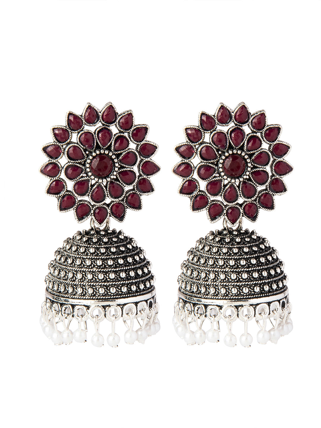 Shining Jewel Silver Plated Antique Oxidised Traditional Ethnic Jhumka With CZ & Pearls Earrings for Women (SJ_1894_M)