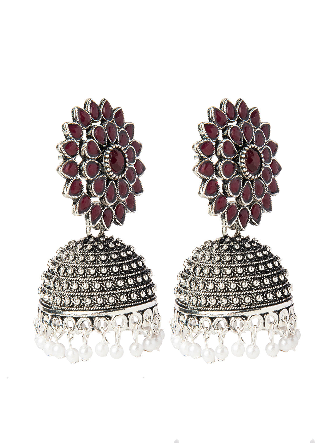 Shining Jewel Silver Plated Antique Oxidised Traditional Ethnic Jhumka With CZ & Pearls Earrings for Women (SJ_1894_M)