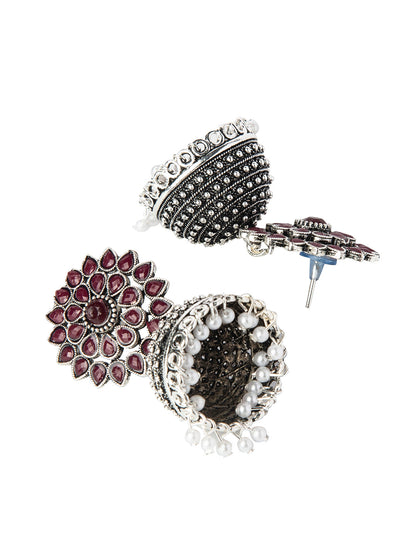 Shining Jewel Silver Plated Antique Oxidised Traditional Ethnic Jhumka With CZ & Pearls Earrings for Women (SJ_1894_M)