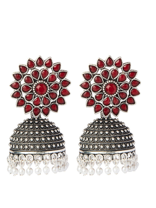 Shining Jewel Silver Plated Antique Oxidised Traditional Ethnic Jhumka With CZ & Pearls Earrings for Women (SJ_1894_R)