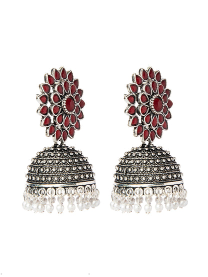 Shining Jewel Silver Plated Antique Oxidised Traditional Ethnic Jhumka With CZ & Pearls Earrings for Women (SJ_1894_R)
