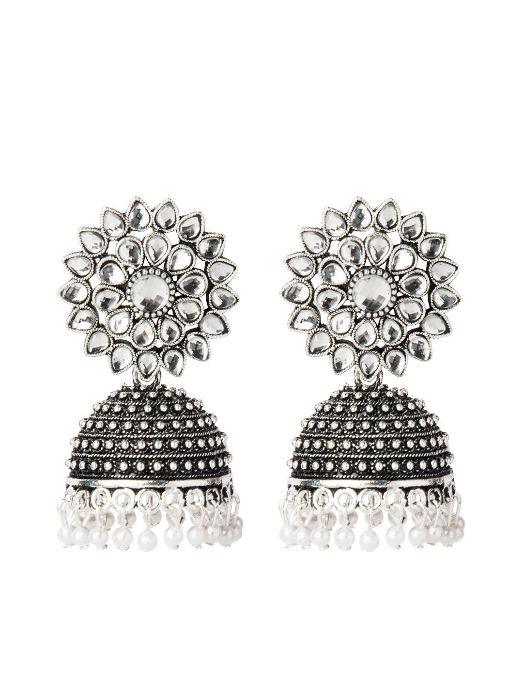 Shining Jewel Silver Plated Antique Oxidised Traditional Ethnic Jhumka With CZ & Pearls Earrings for Women (SJ_1894_W)