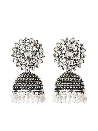 Shining Jewel Silver Plated Antique Oxidised Traditional Ethnic Jhumka With CZ & Pearls Earrings for Women (SJ_1894_W)