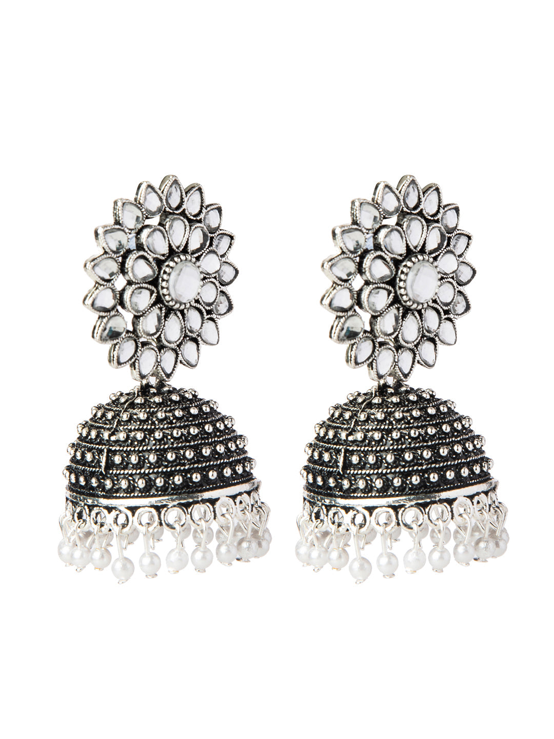 Shining Jewel Silver Plated Antique Oxidised Traditional Ethnic Jhumka With CZ & Pearls Earrings for Women (SJ_1894_W)