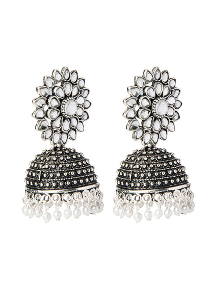 Shining Jewel Silver Plated Antique Oxidised Traditional Ethnic Jhumka With CZ & Pearls Earrings for Women (SJ_1894_W)