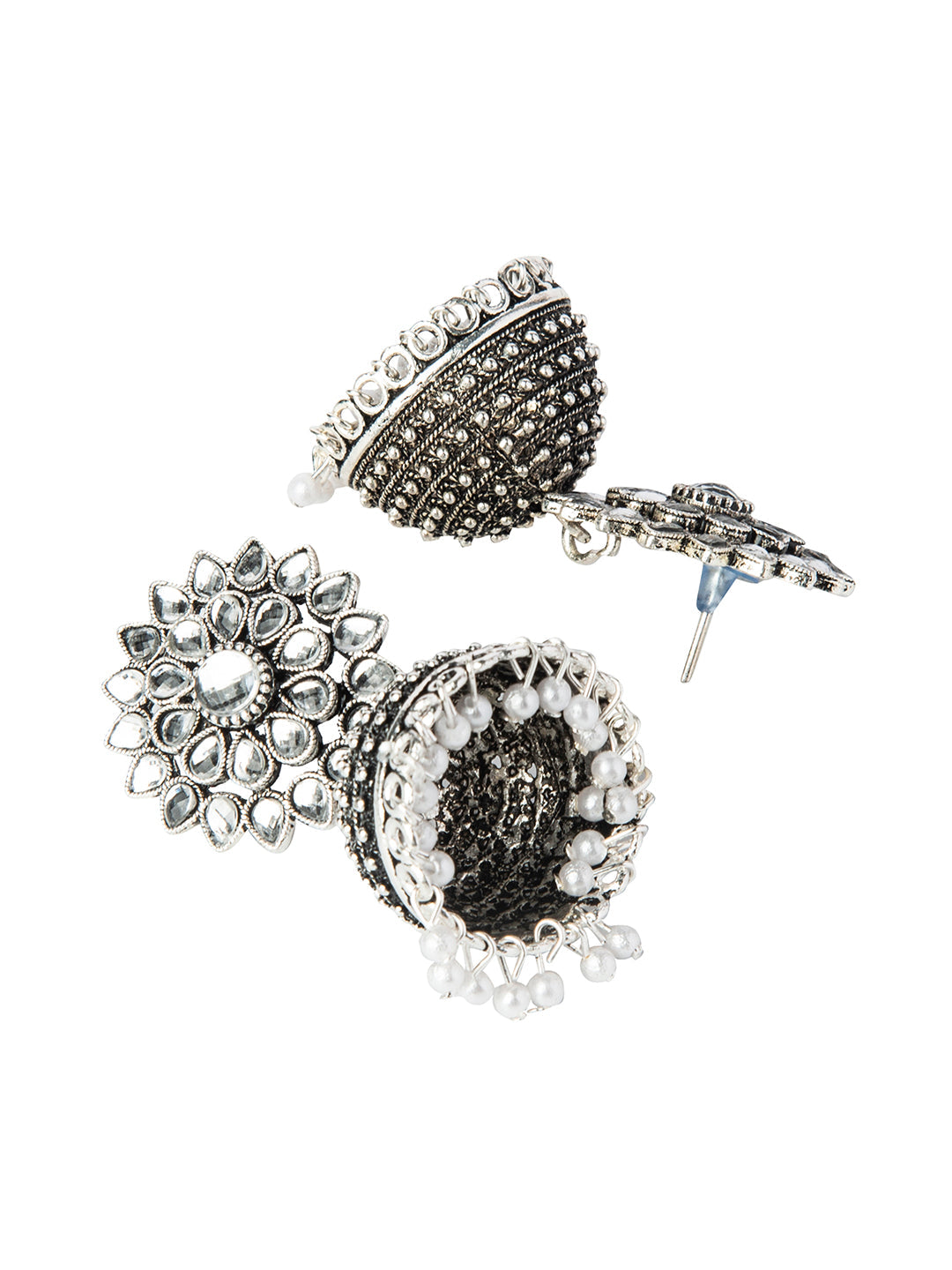 Shining Jewel Silver Plated Antique Oxidised Traditional Ethnic Jhumka With CZ & Pearls Earrings for Women (SJ_1894_W)