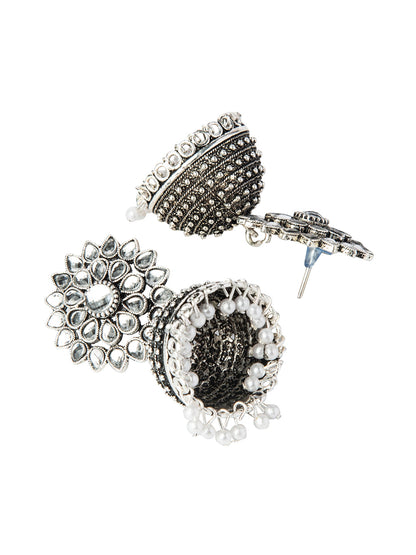 Shining Jewel Silver Plated Antique Oxidised Traditional Ethnic Jhumka With CZ & Pearls Earrings for Women (SJ_1894_W)