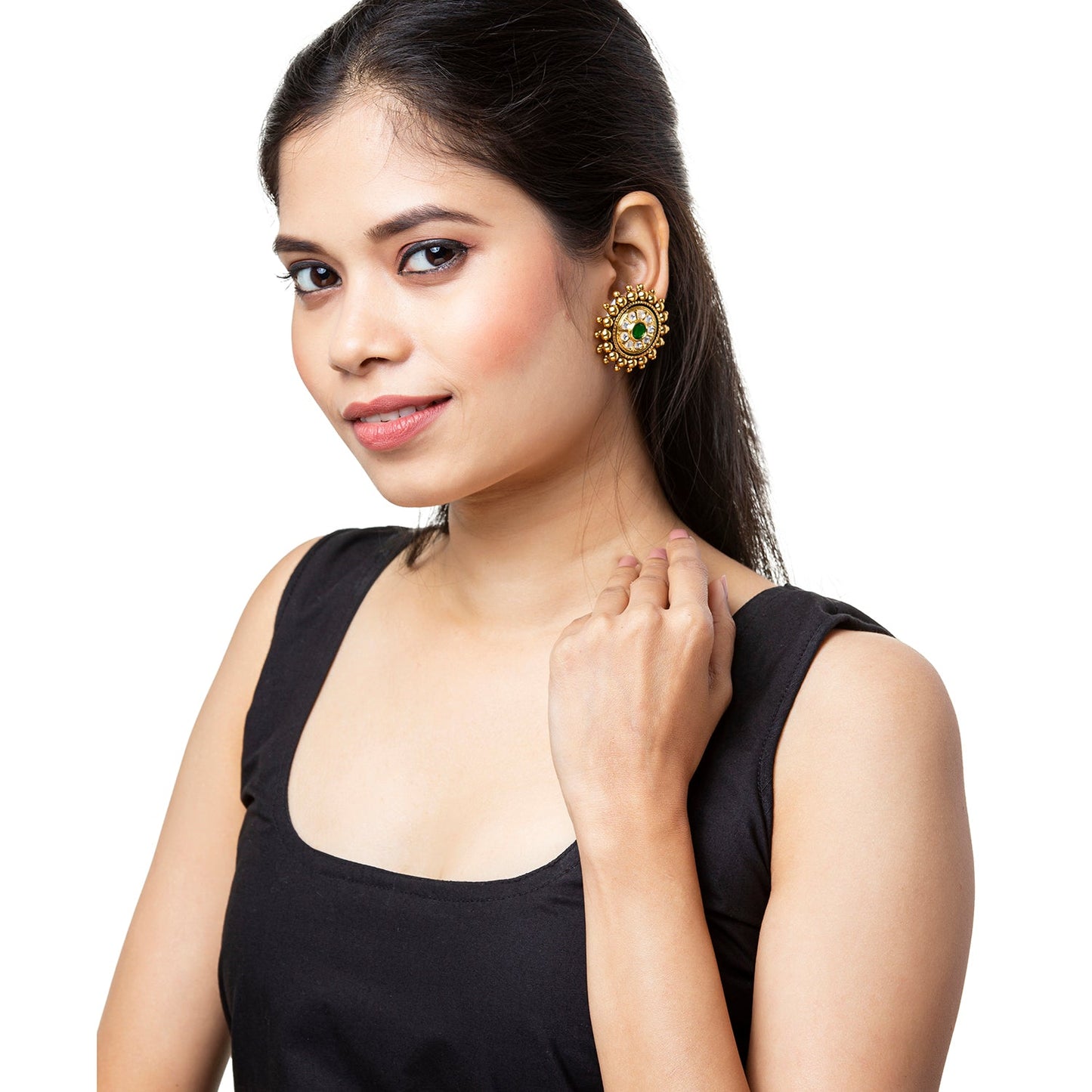 Gold Plated Kundan, LCT, Pearls and CZ studded Traditonal Ethnic Stud Eaarrings for Women (SJ_1898_G)