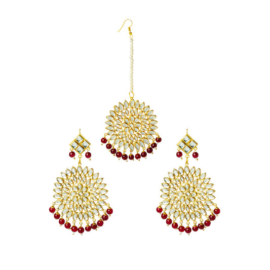 Antique Gold Plated Traditional  Kundan "Maang tikka" Set with Matching Earrings Ethnic Fashion Jewelry  for Women (SJ_1899 M)